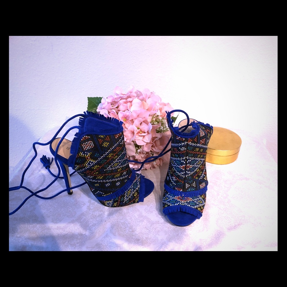 Multi- colored high heeled peep toe booty